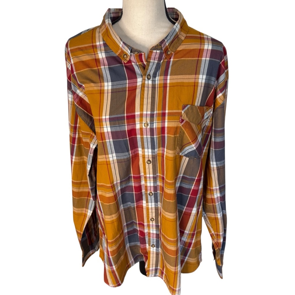 LEVI'S Men's Plaid Button Down Long Sleeve Shirt Orange Red Blue Size XXL